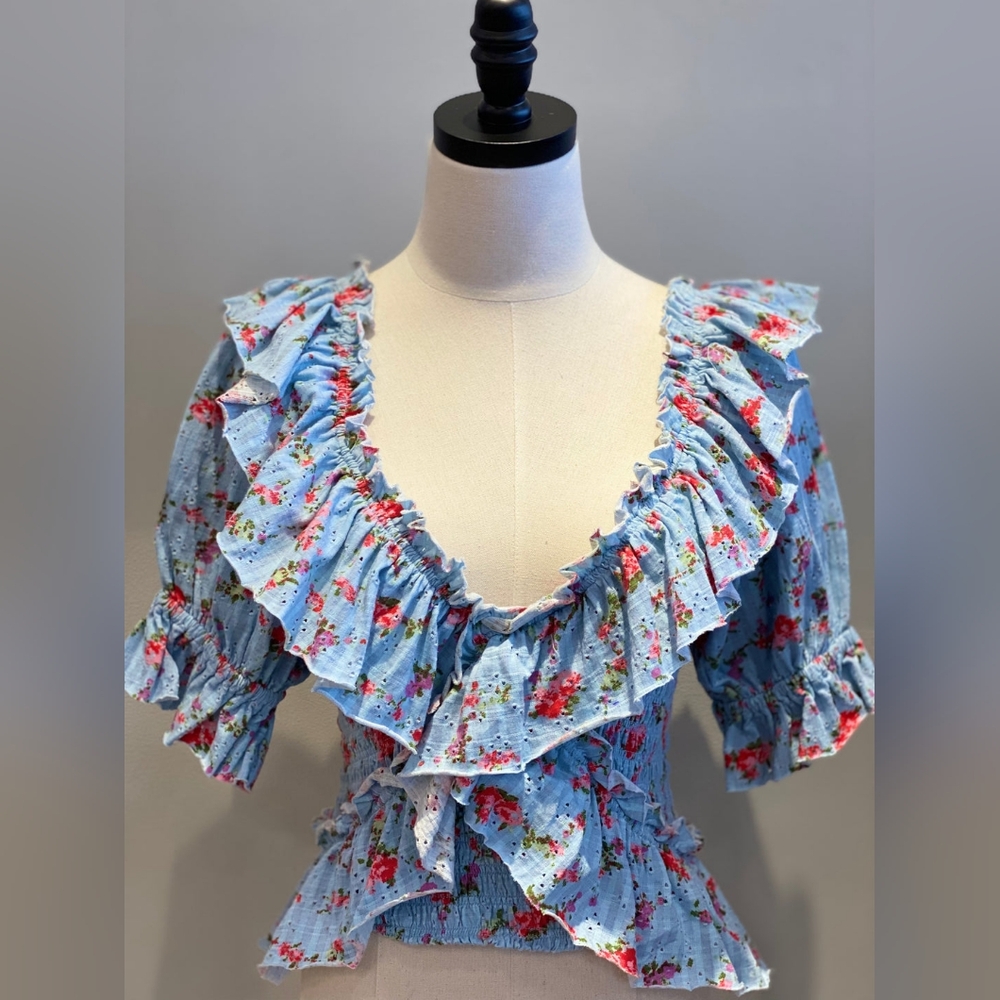 Free People Blue and White Floral Ruffled Blouse - Picture 2 of 5